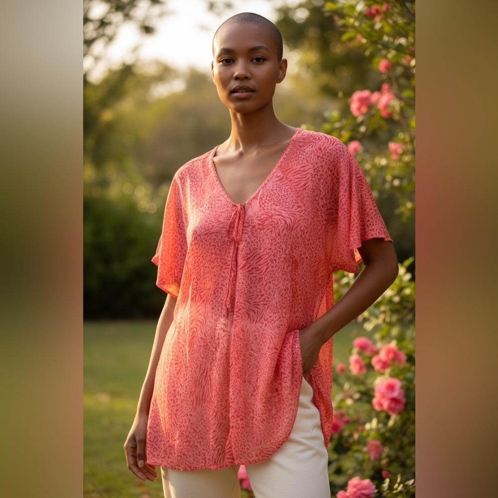 NWT SAKKAS Women’s Coral Short Sleeve Boho Style Blouse Animal Print Ties - 1/2X